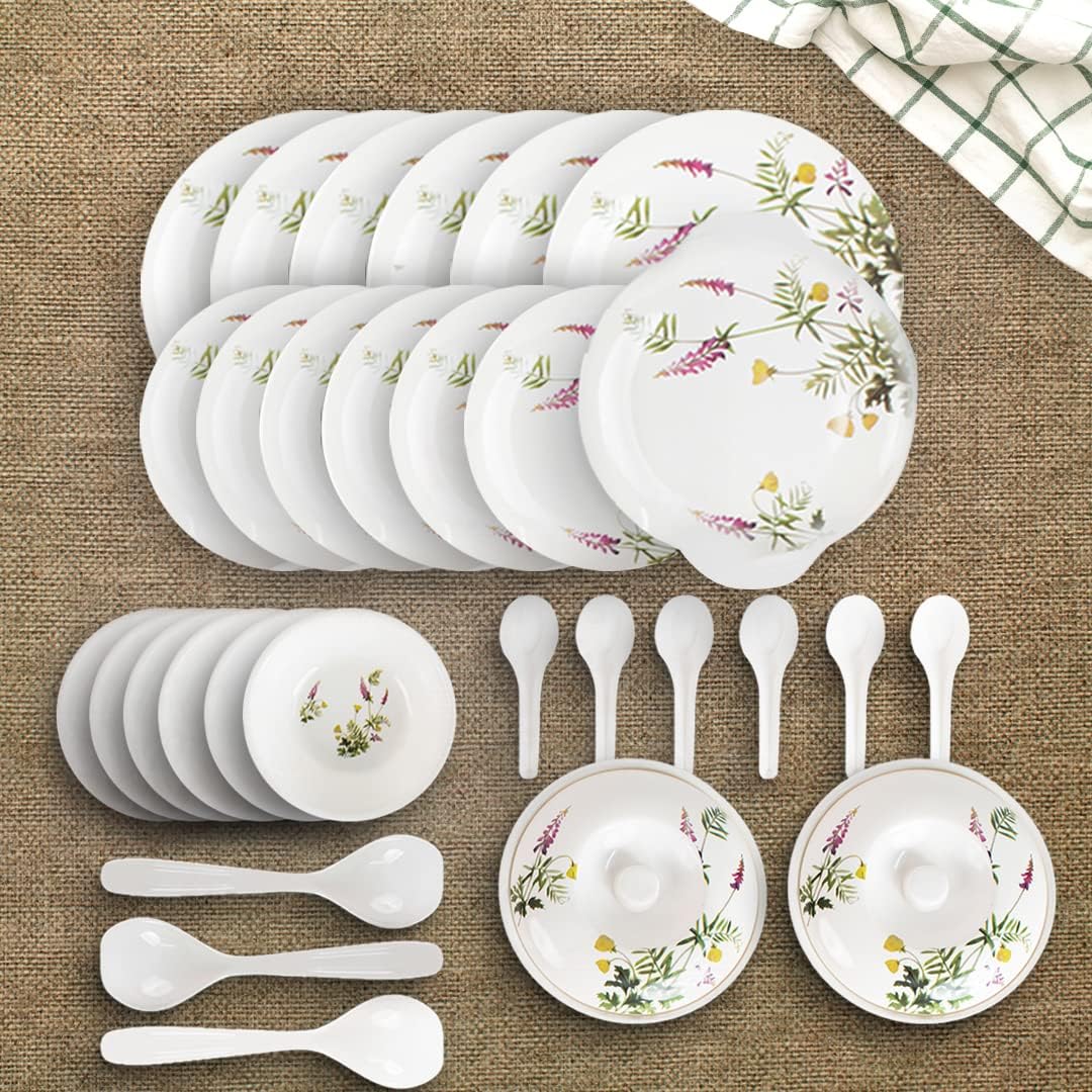 Heart Home 32 Pieces Round Melamine Microwave & Dishwasher Safe Dinnerware Kitchen Crockery Set | Glossy Dinner Sets & Kitchen Set for Home | Deluxe Lavender Floral - White