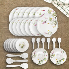 Heart Home 32 Pieces Round Melamine Microwave & Dishwasher Safe Dinnerware Kitchen Crockery Set | Glossy Dinner Sets & Kitchen Set for Home | Deluxe Lavender Floral - White