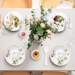 Heart Home 32 Pieces Round Melamine Microwave & Dishwasher Safe Dinnerware Kitchen Crockery Set | Glossy Dinner Sets & Kitchen Set for Home | Deluxe Lavender Floral - White