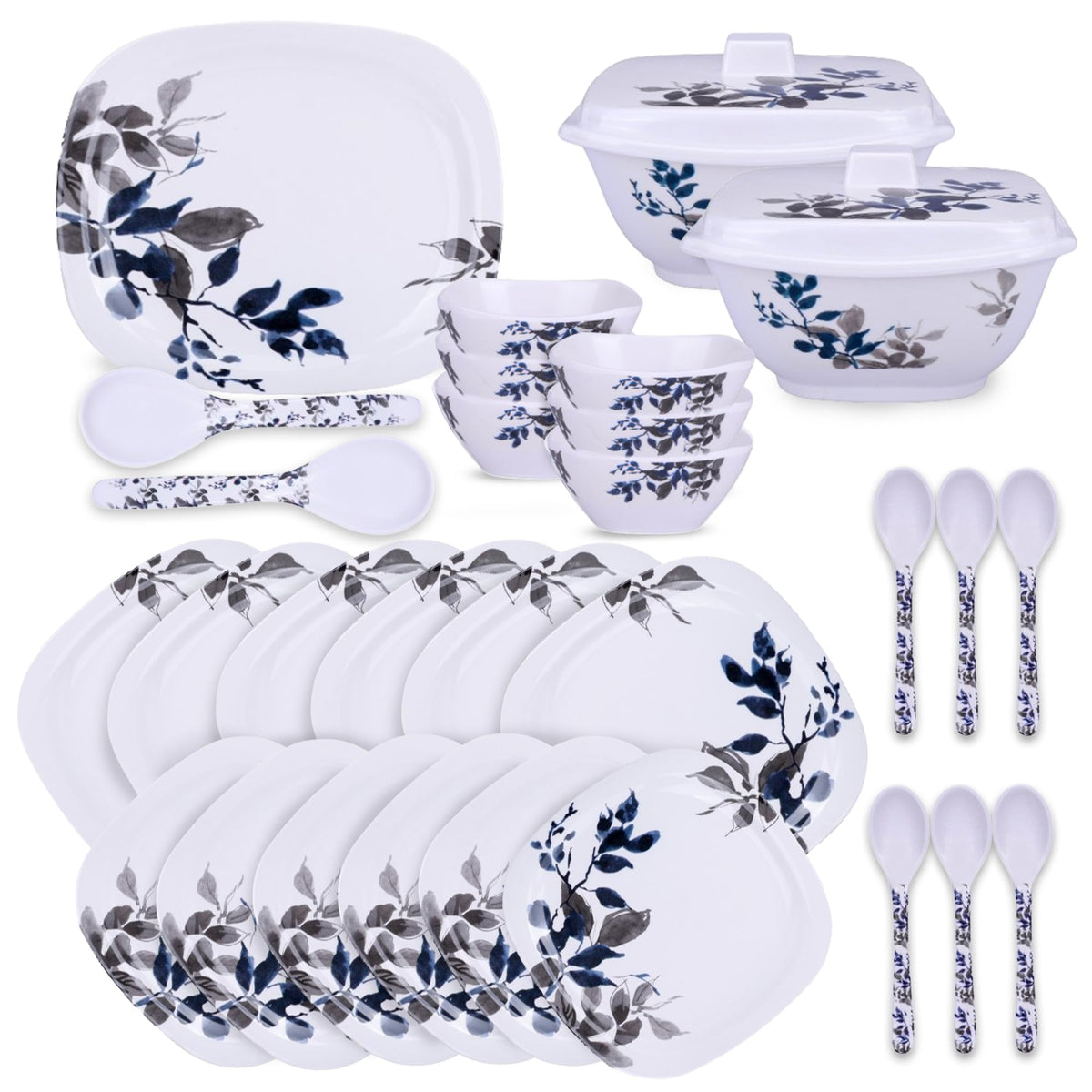 Kuber Industries 31 Pieces Square Unbreakable Microwave & Dishwasher Safe Melamine Dinnerware Kitchen Crockery Set | Glossy Dinner Set & Kitchen Set for Home | Blue Vine (Bail) - White