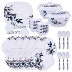 Kuber Industries 31 Pieces Square Unbreakable Microwave & Dishwasher Safe Melamine Dinnerware Kitchen Crockery Set | Glossy Dinner Set & Kitchen Set for Home | Blue Vine (Bail) - White