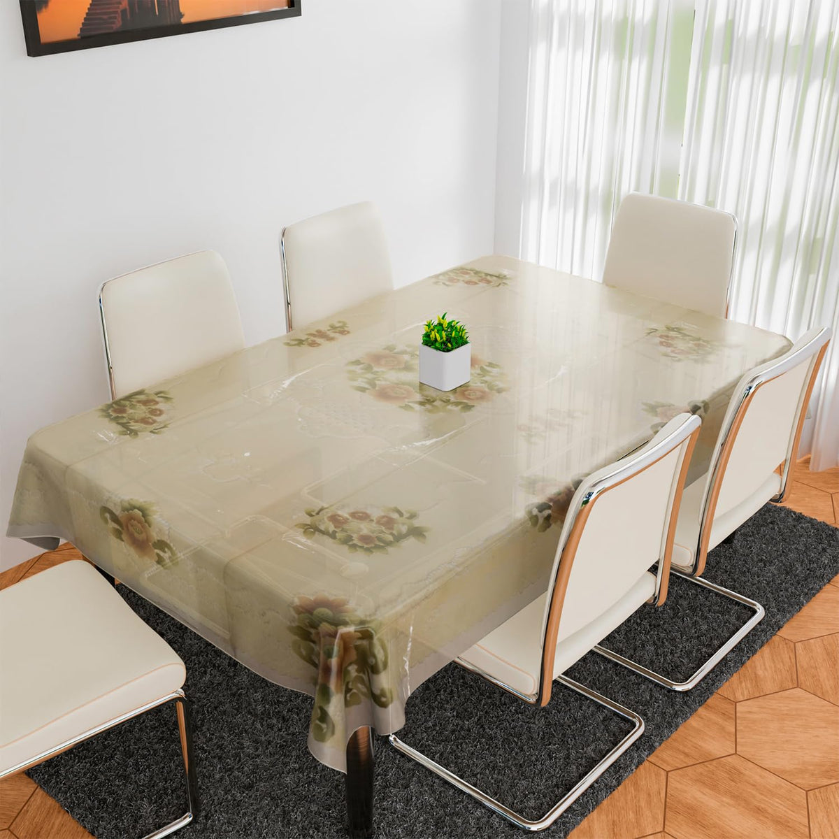 Heart Home Dining Table Cover | PVC Table Cloth Cover | 6 Seater Table Cloth | Flower Almond Table Cover | Table Protector | Table Cover for Dining Table | 60x90 Inch | Cream