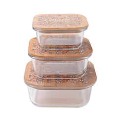 Kuber Industries Borosilicate Kitchen Containers Set with Bamboo Lid | Glass Containers with Lid | Airtight | Microwave Safe | Ratatouille Print | 310ml 510ml 800ml | Pack of 3 | Multipurpose