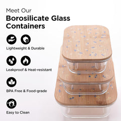 Homestic Pack of 3 Borosilicate Glass Kitchen Containers with Bamboo Lid | 370ml 640ml 1060ml | Airtight Rectangular Fridge Storage Boxes |kitchen organizer items & storage| Happy Dance Print