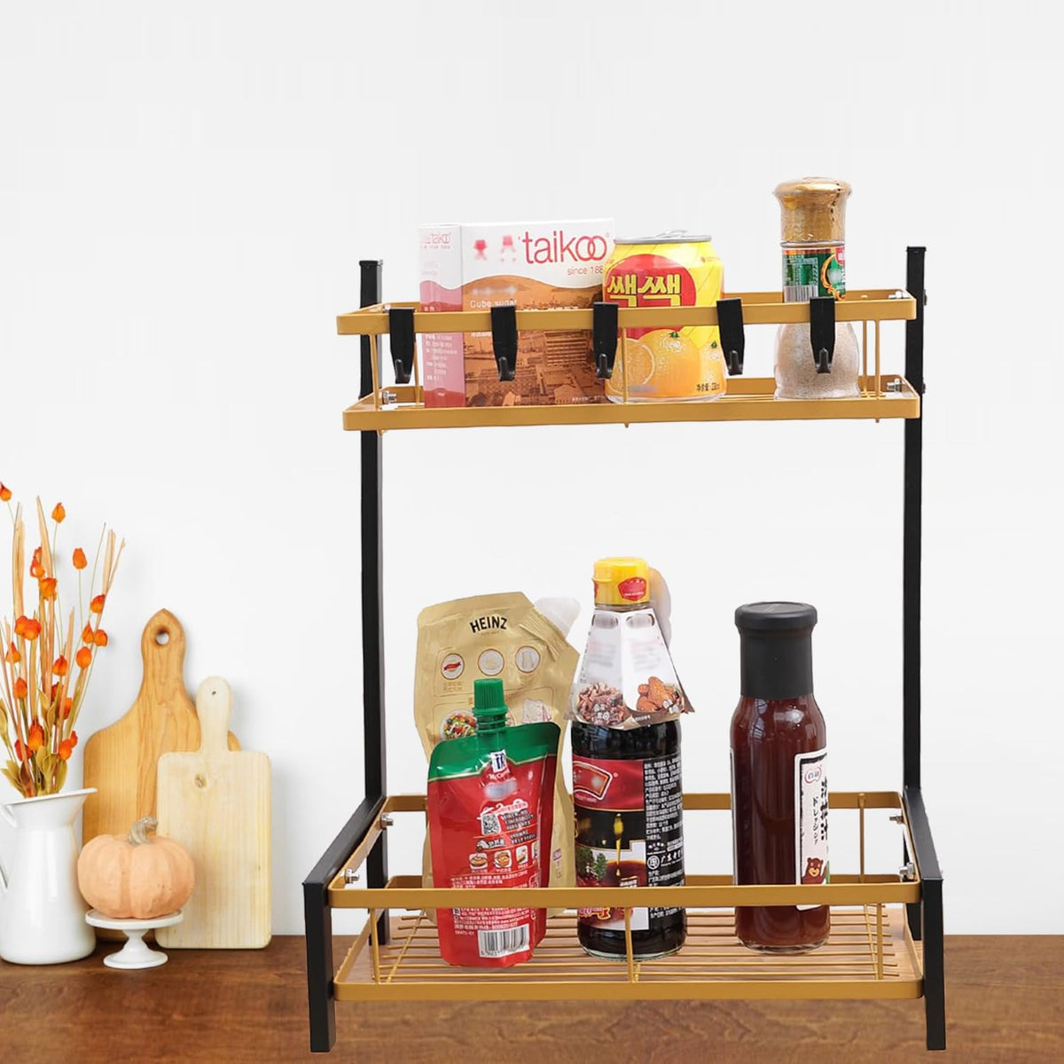 Kuber Industries 2-Layer Dish Drying Rack|Storage Rack for Kitchen Counter|Drainboard & Cutting Board Holder|Premium Utensils Basket (Black & Gold)