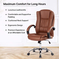 Kuber Industries Ergonomic Leather Office Chairs for Work From Home | Comes with Manual Height Adjustable, Armrest, Headrest & Lumbar Support | Comfy Study Chair for Students with Wheels | Brown