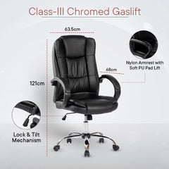 Kuber Industries Leatherette Office Chairs for Work From Home | Comes with Stretchable Armrest with Soft PU Pad & Lift Lock Tilt Mechanism | Comfy Study Chair for Students with Wheels | Black