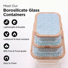 Kuber Industries Pack of 3 Borosilicate Glass Kitchen Containers with Bamboo Lid | 370ml 640ml 1060ml | Airtight Rectangular Fridge Storage Boxes |Kitchen organizer items & storage Dandy Diasies Print