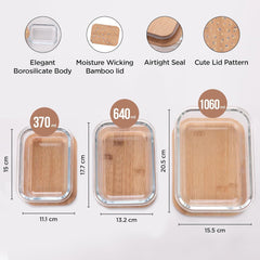 Homestic Pack of 3 Borosilicate Glass Kitchen Containers with Bamboo Lid | 370ml 640ml 1060ml | Airtight Rectangular Fridge Storage Boxes |kitchen organizer items & storage| Happy Dance Print