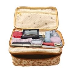 Heart Home PVC Embroidery Design Travel Jewellery Organizer|Cosmetic Utility Kit With 2 Compartment And Inside Pocket (Cream)