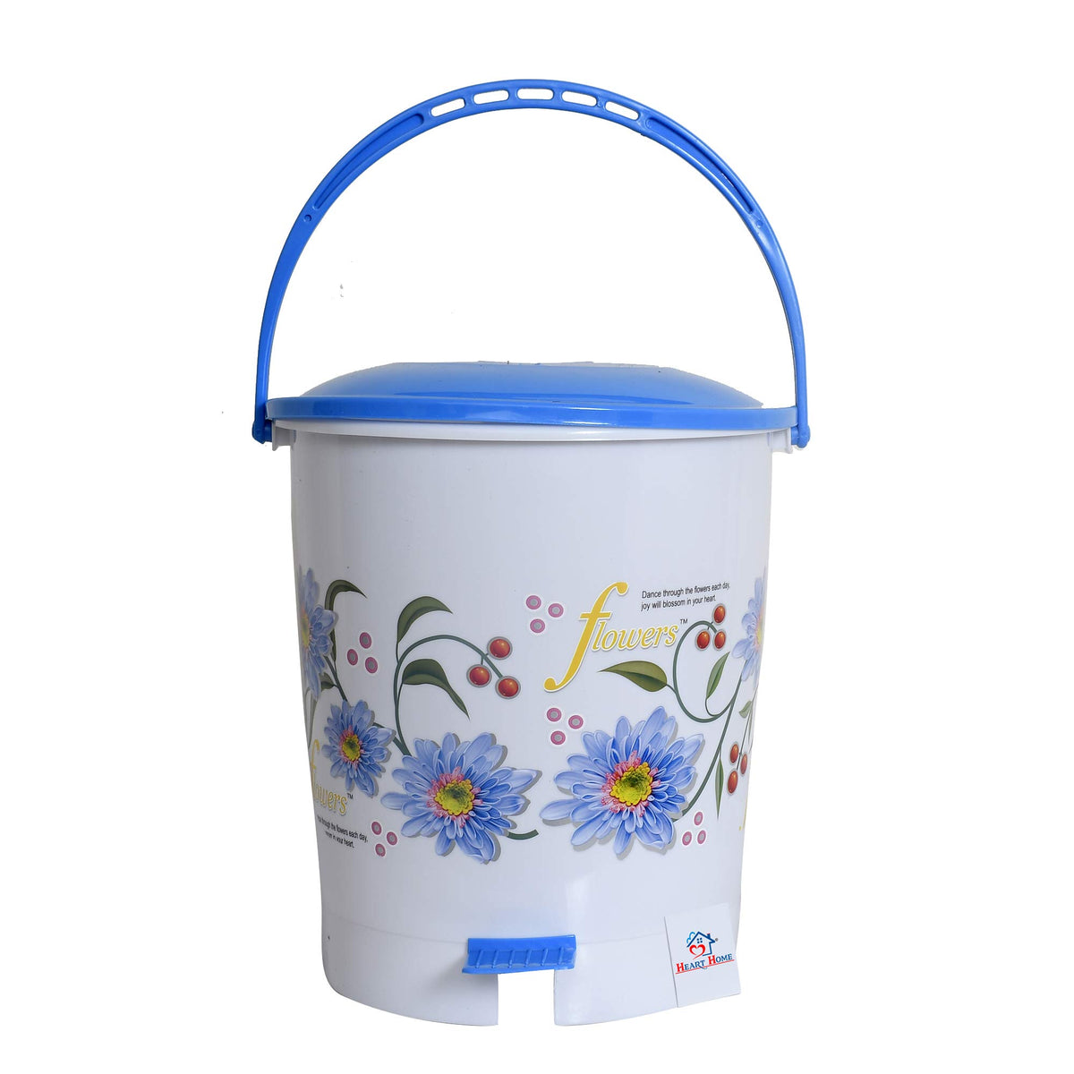 Heart Home Flower Print Plastic Dustbin/Garbage Bin/Waste Bin with Lid, 10 Liters (Blue)-HEART10947