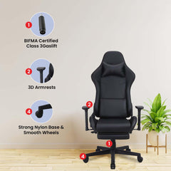 Kuber Industries Ergosmart PC Gaming Chairs with Wheels | Comes with Headrest, Lumbar Support Cushions & Footrest | Comfortable Chair for Long Sitting & Back Pain Relief | WC2022-1F-BLU-Blue