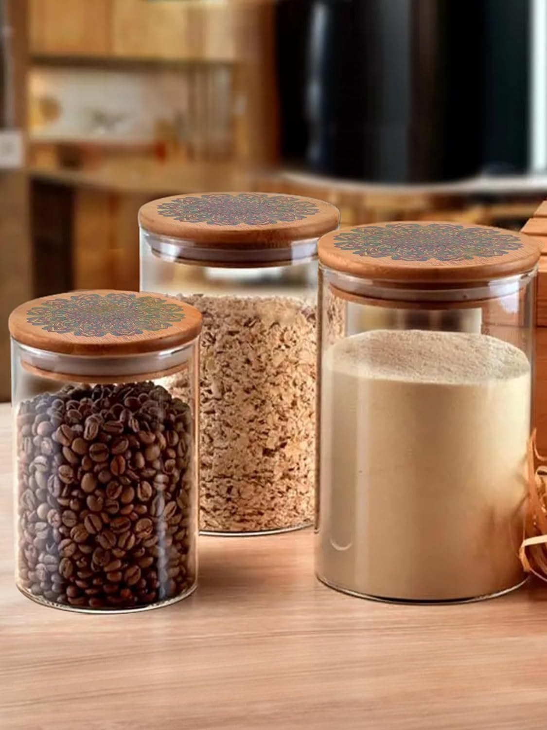 Urbane Home Borosilicate Glass Jar with Printed Bamboo Lid | Multi-utility | Leakproof | Airtight Jar for Cookies, Snacks, Tea, Coffee, Sugar |Pack of 3 (300ml, 600ml, 1000ml)