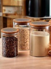 Urbane Home Borosilicate Glass Jar with Printed Bamboo Lid | Multi-utility | Leakproof | Airtight Jar for Cookies, Snacks, Tea, Coffee, Sugar |Pack of 3 (300ml, 600ml, 1000ml)