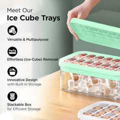 Urbane Home 2 Layer Ice Cube Trays with Storage Box & Ice Scoop | 56 Compartments | One Press Demolding | Ice Cubes for Whiskey Cocktails Mocktails Soft Drinks | BPA Free | Aqua