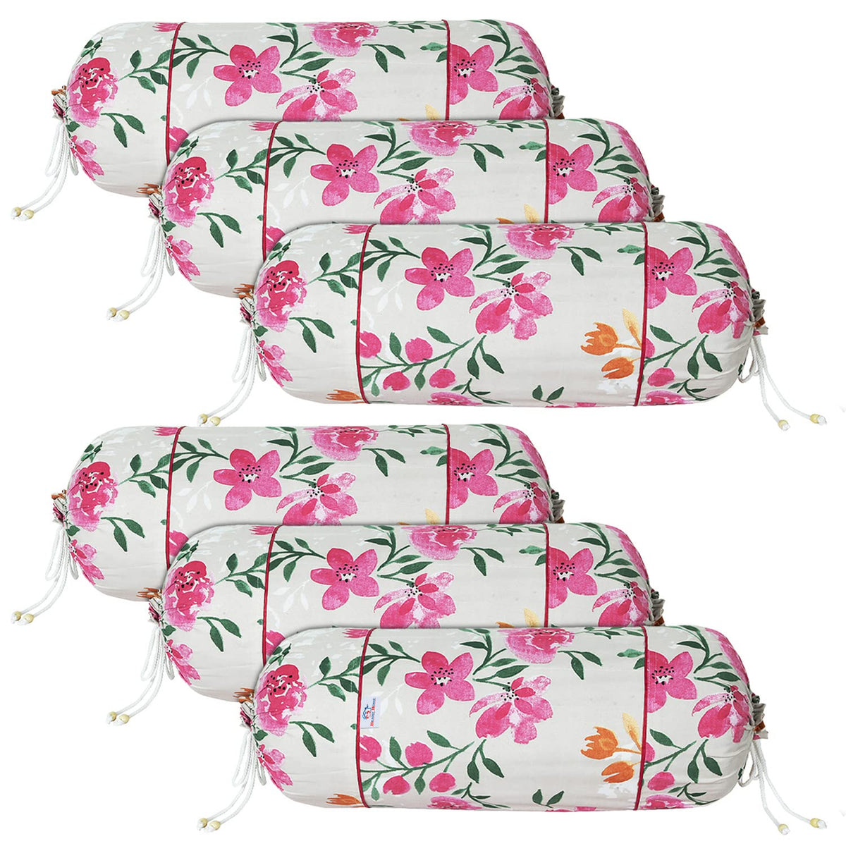 Heart Home Bolster Covers | Soft Cotton Bolster Cover Set | Diwan Round Bolster Pillow Covers | Green Leaf Print Roll Masand Cover | 16x32 Inch | Pack of 6 | Multicolor