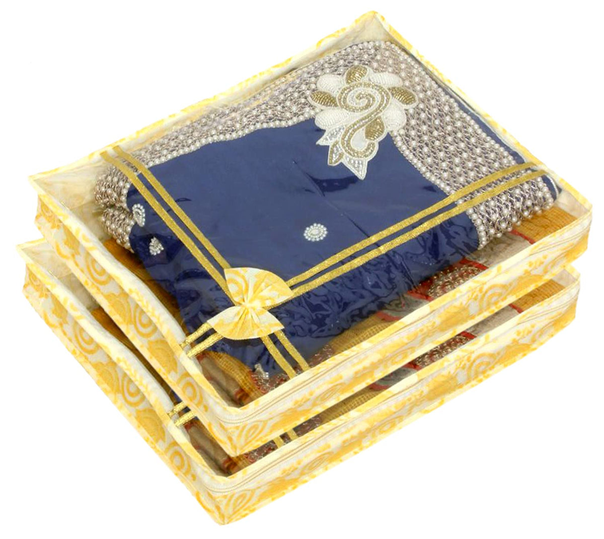 Kuber Industries Carry Design 3" inch Tranasparent Non Woven Foldable, Waterproof Single Saree Cover, Saree Organizer- Pack of 2 (Gold)-HS_38_KUBMART21581