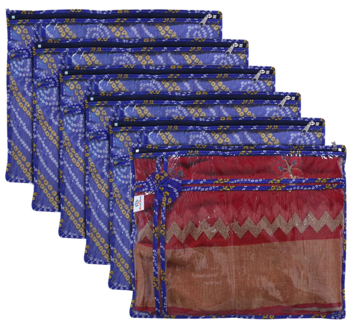 Heart Home Bandhani Print PVC Foldable Single Saree Cover|Clothes Storage For Saree, Lehenga, Suit With Transparent Pack of 6 (Blue)