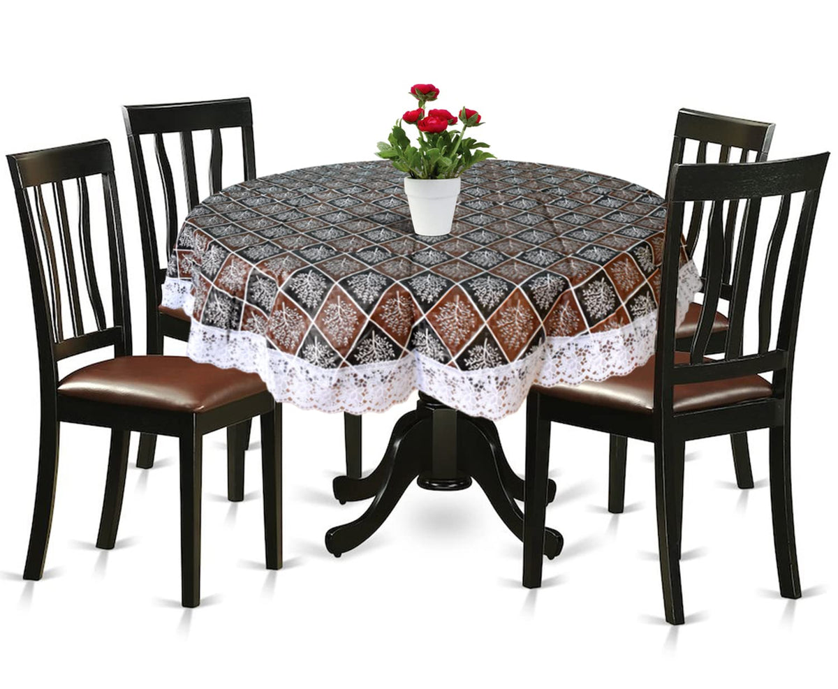 Heart Home Leaf Printed Round Shape PVC Spillproof, Waterproof, Antislip, Wipe Clean 4 Seater Table Cover with White Lace Border, 60"x60" (Brown & Black)