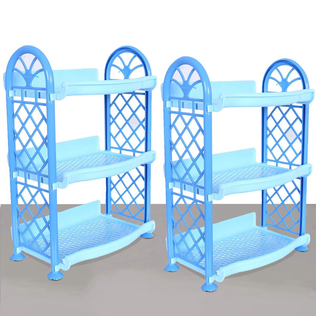 Kuber Industries Organising Rack| Plastic 3 Shelves Kitchen Storage Stand|Durable Wall Mounted Jar Kitchen Utensils Organizer,Pack of 2 (Blue)