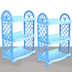 Kuber Industries Organising Rack| Plastic 3 Shelves Kitchen Storage Stand|Durable Wall Mounted Jar Kitchen Utensils Organizer,Pack of 2 (Blue)