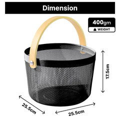 Kuber Industries Metal Mesh Basket for Storage with wooden handle | 400 Gm | Fruit Basket and Vegetable Basket for Kitchen | Baskets for Organizing Home | Multipurpose | Black