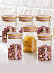 Heart Home Borosilicate Glass Jar with Printed Bamboo Lid|Kitchen Organizer Items and Storage|Multi-utility, Leakproof, Airtight Storage Jar for Cookies,Snacks,Tea,Coffee,Sugar|Pack of 6(1000ml)