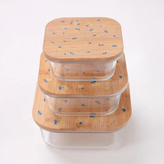 Heart Home Pack of 3 Borosilicate Glass Kitchen Containers with Bamboo Lid | 310ml 510ml 800ml | Airtight Square Fridge Storage Boxes | Glass Jars for Cereal, Dry Fruits | Happy Dance Print
