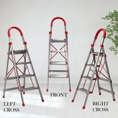 Kuber Industries 4 Step Heavy-Duty Foldable Aluminium Ladder with Wide Pedals and Hand Grip for Home and Office Use | Anti Slip Step Staircase for Home | Supports 150+ Kgs | Silver & Red
