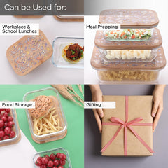 Heart Home Pack of 3 Borosilicate Kitchen Containers with Bamboo Lid | Glass Containers with lid | Airtight | 370ml 640ml 1060ml | kitchen accessories items| Multipurpose | Ratatouille Print