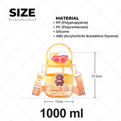 Kuber Industries Pack of 5 Kids Water Bottle With Straw |Cute Teddy Bear Sipper Water Bottle For Kids Boys Girls| Water Bottle with Locking Flip Lid | 1000 ML | Yellow | SYZ-7728B