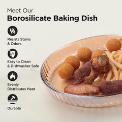 Heart Home 1600 ml Borosilicate Glass Baking Tray | Yellow Microwave Oven Safe Utensils | Round Bread Moulds for Baking | Dishwasher Safe | Multipurpose use Serving Tray