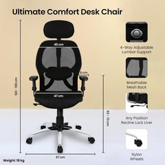 Heart Home Ergonomic Office Chairs for Work from Home with Meshback | Comes with Manual Height Adjustable Armrest, Headrest & Lumbar Support | Comfy Study Chair for Students with Wheels | Black