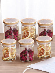 Urbane Home Borosilicate Glass Jar with Printed Bamboo Lid|Kitchen Organizer Items and Storage|Multi-utility, Leakproof, Airtight Storage Jar for Cookies,Snacks,Tea,Coffee,Sugar|Pack of 6(300ml)