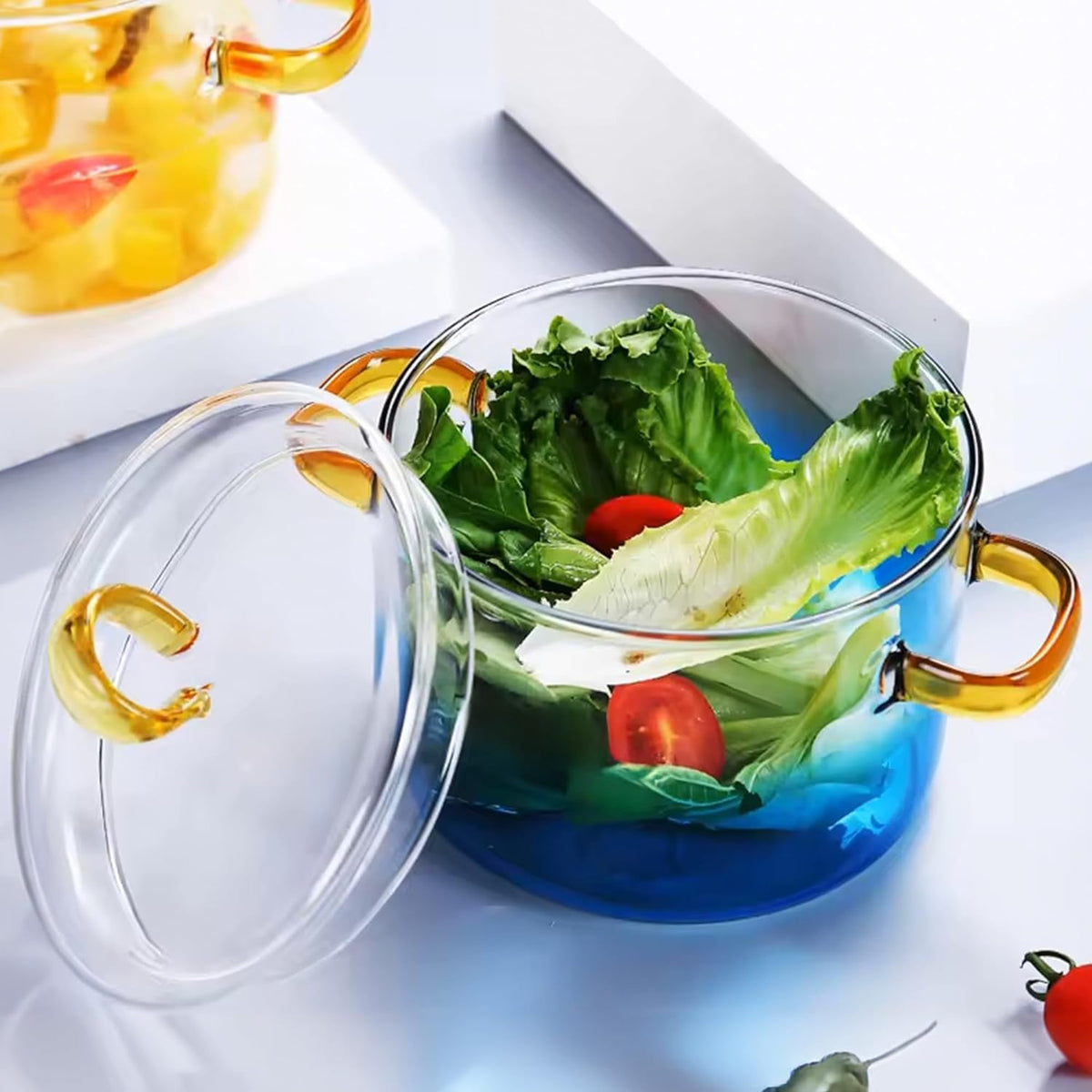 Urbane Home Borosilicate Glass 1.4L Saucepan with Lid & Handle | Induction Pan Cookware | Handi for Cooking | Microwave Safe | Cooktop for Tea/Milk/Pasta/Noodles/Rice | Blue