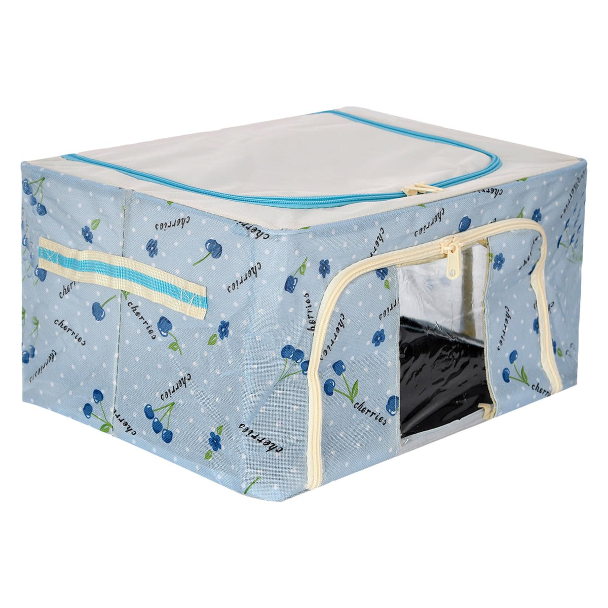 Kuber Industries Storage Box | Steel Frame Living Box | Storage Organizer For Clothes | Saree Cover for Woman | Multi Flower Print Cloth Organizer | 66 Liter | Sky Blue