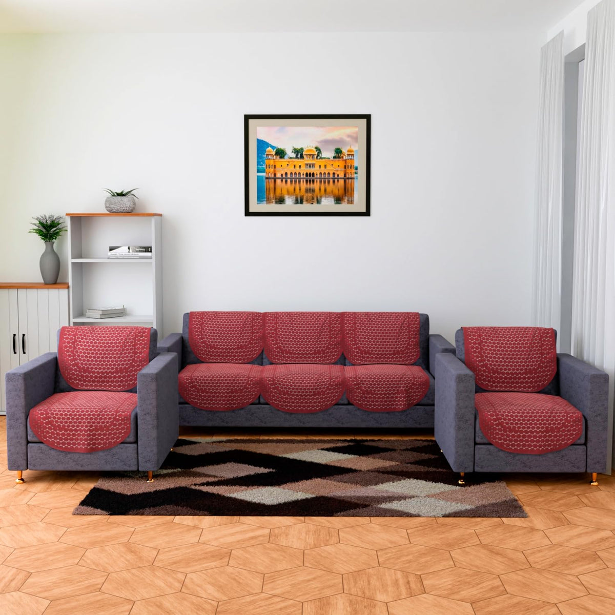 Heart Home Sofa Cover | Net Sofa Slipcover Set | Sofa Cover for Living Room | Sofa Cover for Hall | 5-Seater Sofa Cover for Home Decor | Dot Sofa Cover Set | Maroon