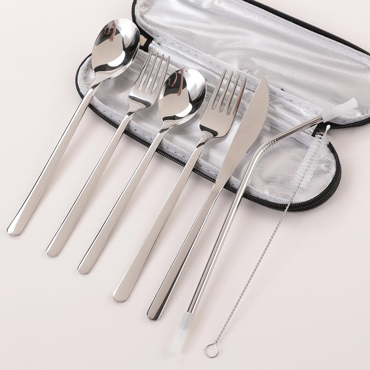 Kuber Industries 7 Pcs Utensil Set | Travel Camping Cutlery Set | Stainless Steel Flatware Set with Bag | Travel Organizer Utensil Set | Durable and Practical | Gray Cover