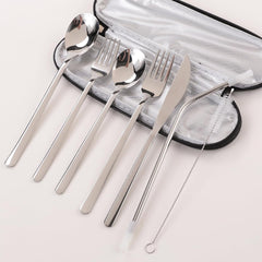 Kuber Industries 7 Pcs Utensil Set | Travel Camping Cutlery Set | Stainless Steel Flatware Set with Bag | Travel Organizer Utensil Set | Durable and Practical | Gray Cover