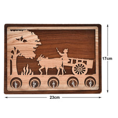 Kuber Industries Village Bull Cart Design Wooden Wall Key Holder with 5 Hooks (Brown)-45KM055