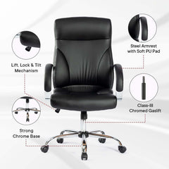 Kuber Industries Ergonomic Leather Office Chairs for Work From Home | Comes with Manual Height Adjustable, Armrest, Headrest & Lumbar Support | Comfy Study Chair for Students with Wheels | Black