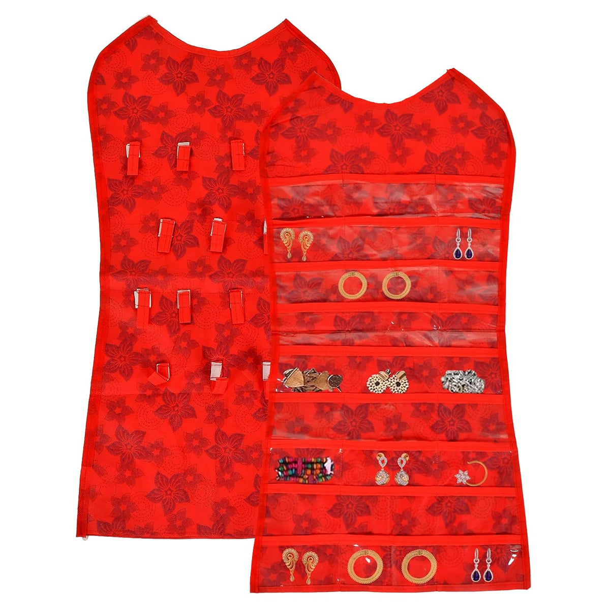 Kuber Industries Hanging Organizer | Non-Woven Flower Hanger | Jewellery Organizer | Double Sided Hanger | 27 Pockets & 14 Hook Hanger | Cosmetic Wall Hanging Organizer | Red