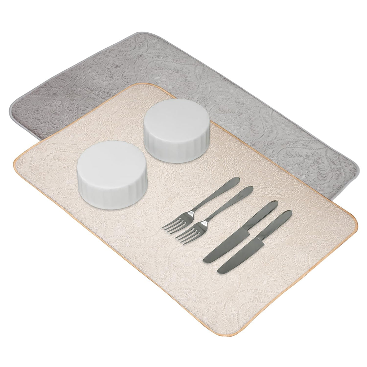 Kuber Industries Dish Dry Mat | Microfiber Self Drying Mat | Kitchen Drying Mat | Water Absorbent Kitchen Mat | Embossed Dish Dry Mat | 38x50 | Pack of 2 | Cream & Gray