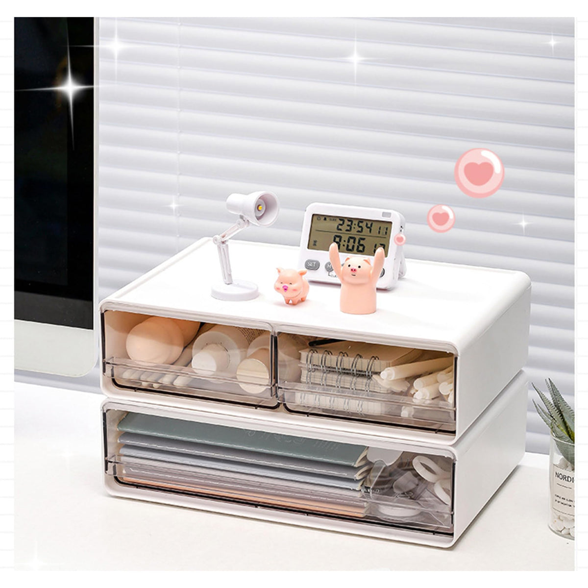 Heart Home Stackable Storage Organiser | 2 drawers Large Capacity | Transparent Front Panel | Office Desktop Organizer Box | Plastic Stackable Drawers for Home and Office | W2032-2 | White