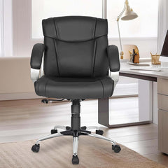 Kuber Industries Ergonomic Leather Office Chairs for Work From Home | Comes with Manual Height Adjustable, Armrest, Headrest & Lumbar Support | Comfy Study Chair for Students with Wheels | Black