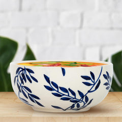 Kuber Industries Ceramic Food Bowl Set | Chini Mitti Bowl | Microwave, Dishwasher Safe Ceramic Bowl | Blue Leaf Print - White