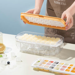 Kuber Industries Ice Cube Tray with Lid | Ice Cube Storage Box with Ice Scoop | 24 Ice Cube Molds for Freezing | One-Press Demolding | BPA Free | Yellow
