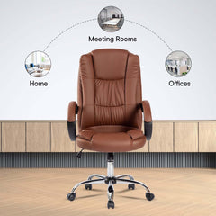 Kuber Industries Ergonomic Leather Office Chairs for Work From Home | Comes with Manual Height Adjustable, Armrest, Headrest & Lumbar Support | Comfy Study Chair for Students with Wheels | Brown