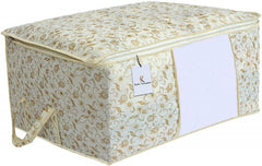 Heart Home Metalic Printed 12 Piece Non Woven Fabric Underbed Storage Bag,Cloth Organiser,Blanket Cover with Transparent Window, Brown & Golden Brown & Ivory Red - CTHH23125