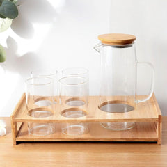 Heart Home Glass Jug Set with Bamboo Tray and 4 Water Glasses | Glass Jug with Bamboo Lid - 950ml | 4 Water Glass - 330ml Each |Designer Jugs & Cups Set | Ideal Housewarming Gift